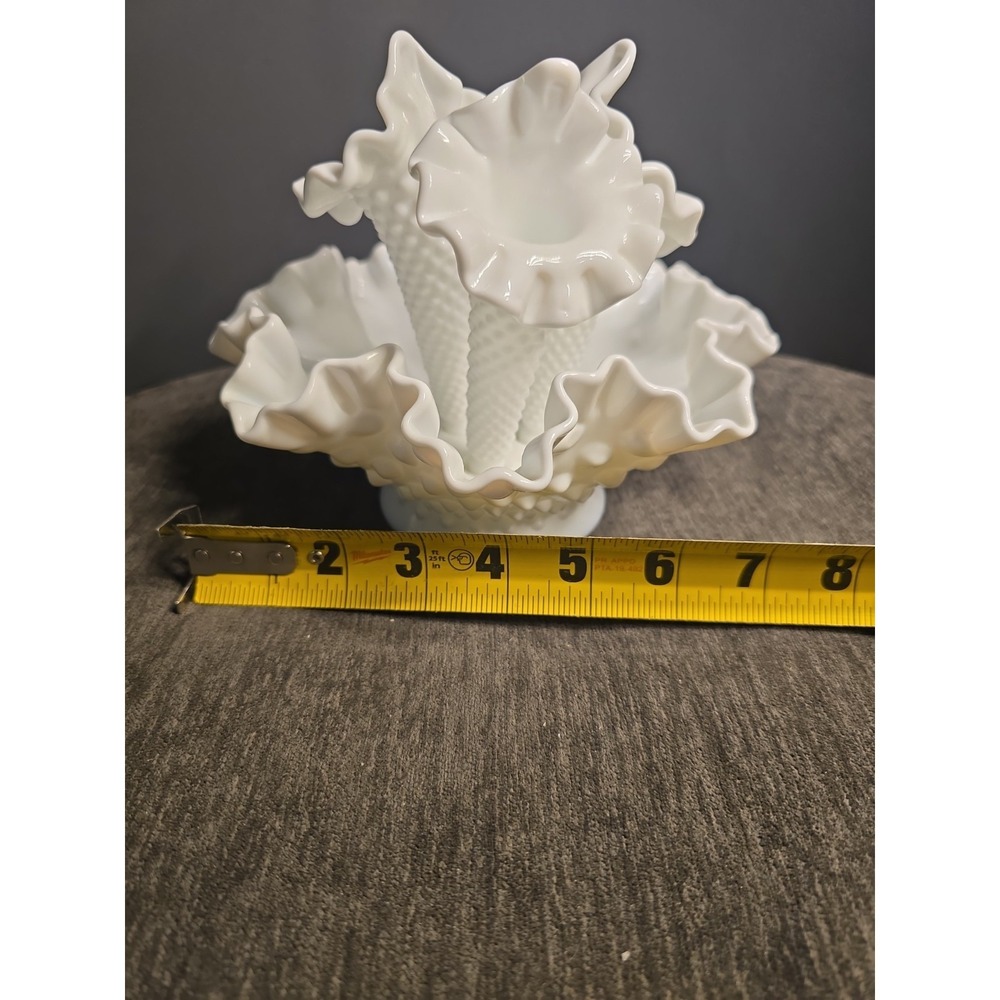 Vintage Fenton Hobnail Milk Glass Epergne Ruffled Bowl 3 Horned Vase Art Glass - Picture 9 of 11